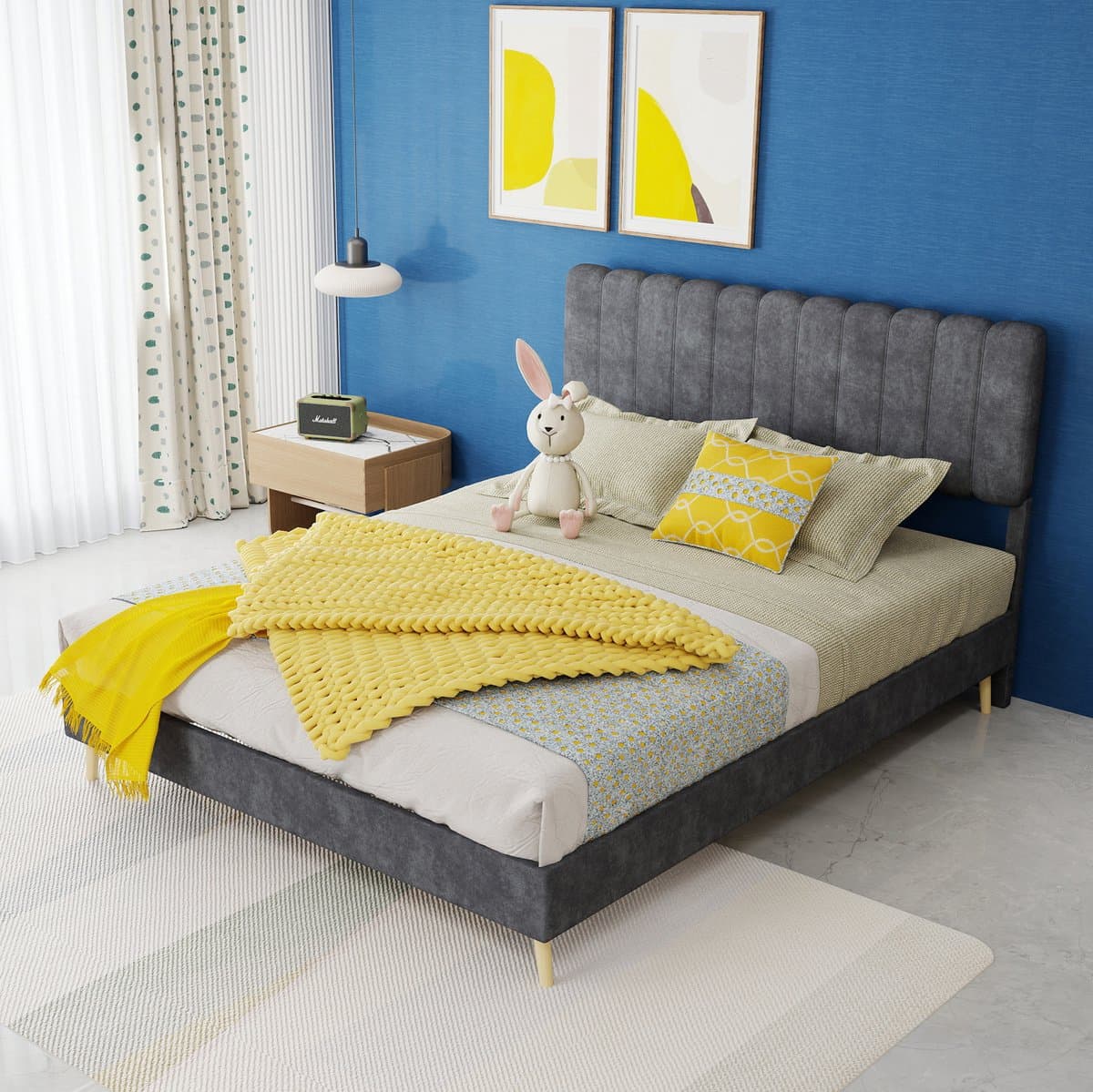 MEUNIQ gestoffeerd bed 140x200 cm met zacht hoofdbord en lattenbodem, normaal tweepersoons bedframe voor de slaapkamer, grijs, matras niet inbegrepen