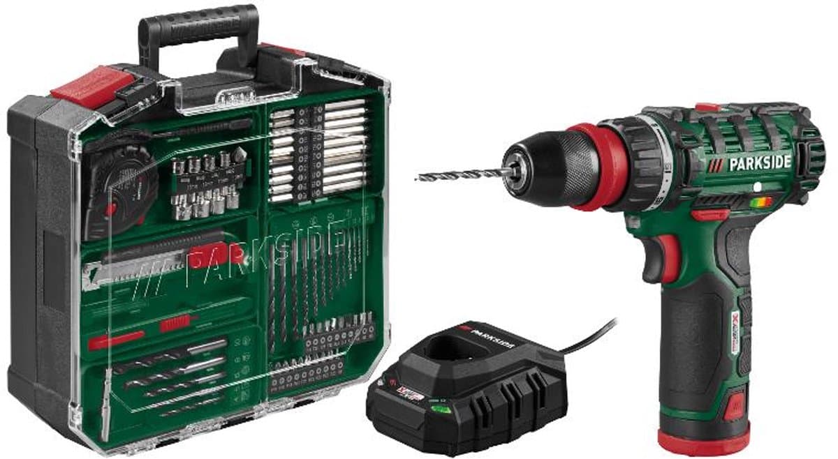 Parkside Accu-boormachineset 12 V met 2 accu's en lader - Uit de serie PARKSIDE X 12 V Team - Koppel: max. 28 Nm - Inclusief bits, boren en bitverlenging - Ideaal voor boren in hout, metaal en kunststof - Traploos regelbaar toerental - Compact design