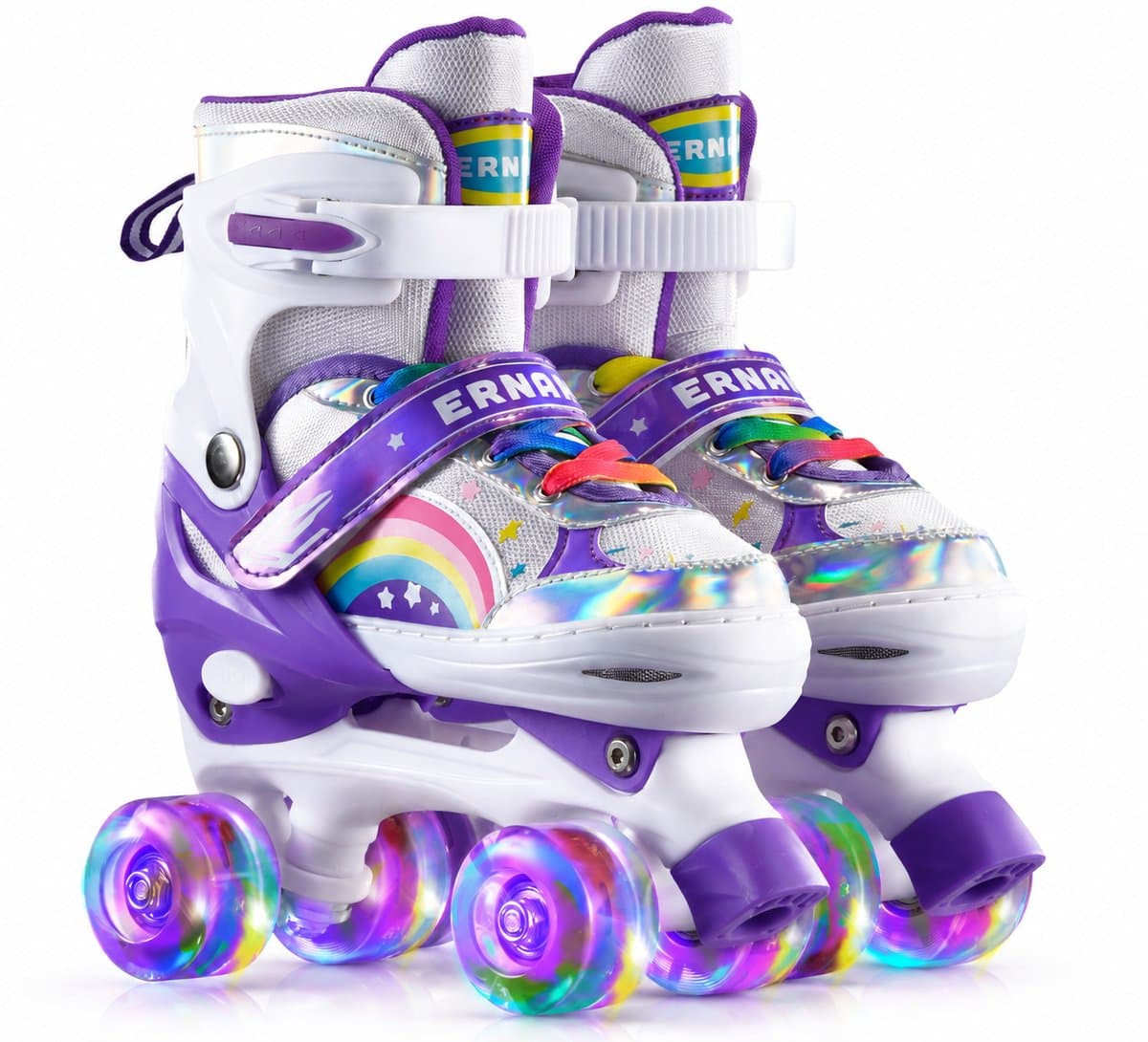 ZOSUDULL- Rolschaatsen meisjes - 8 lichtgevende PU-wielen zonder batterijen - Rolschaatsen meisjes verstelbaar - 4 maten, ABEC-7, drievoudige sluiting en dubbele rem - S 18.5-21.5 cm - Paars-wit