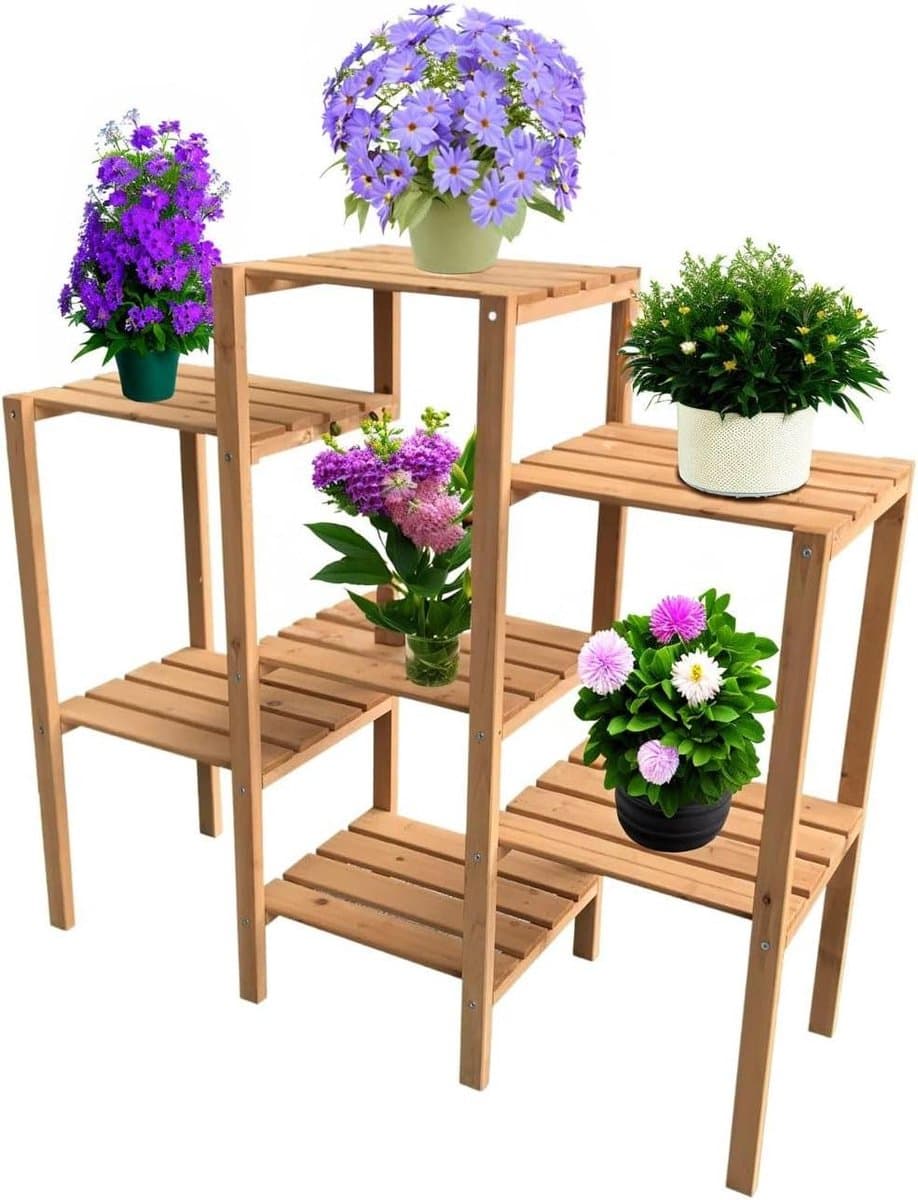 Bloemenrek Hout - Plantenstandaard - Planten Presenteren - 7 Vakken - 96 x 31 x 87 cm - Houtkleur
