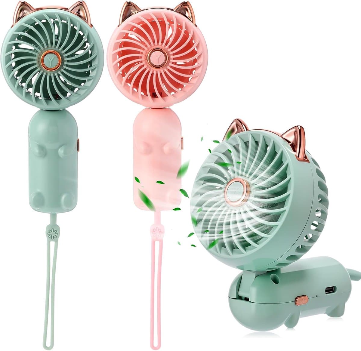 2-delige mini-handventilator, USB-oplaadbaar, draagbare ventilator, 3 windsnelheden, 180° verstelbaar en opvouwbaar, schattig roze en groen kattenoortjesdesign, geschikt voor reizen en kamperen (groen en roze)