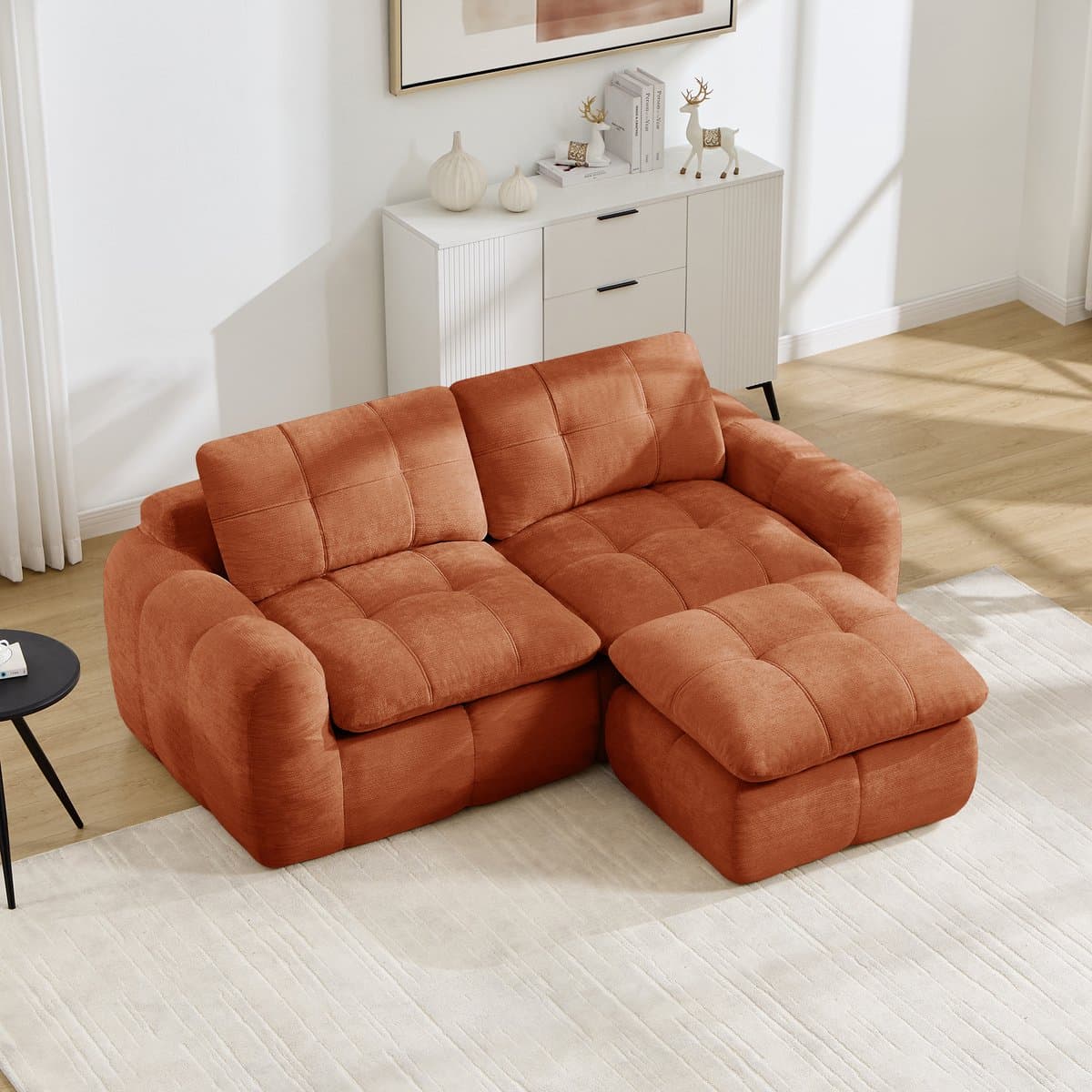 Moderne Hoekbank, L-Bank, 2-Zits bank, 2-Zits L-Vormige Frameloze Modulaire Bank Met Ruitvormig Doorgestikt Patroon, Chenille Bekleding, Antislip Onderkant, Montagevrij, Inclusief 1 Poef, Geschikt Voor Woonkamers En Appartementen-Oranje