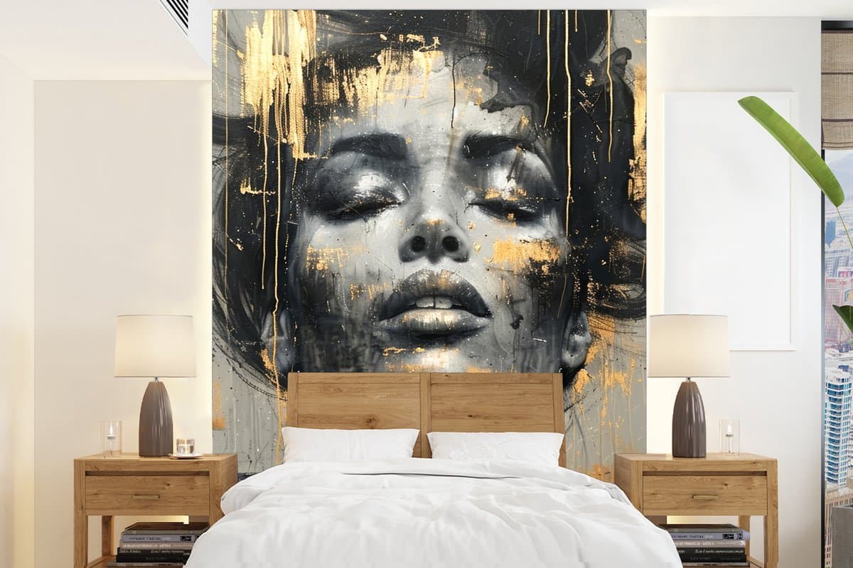 Behang - Fotobehang Vrouw - Kunst - Goud - Abstract - Glamour - Breedte 205 cm x hoogte 280 cm
