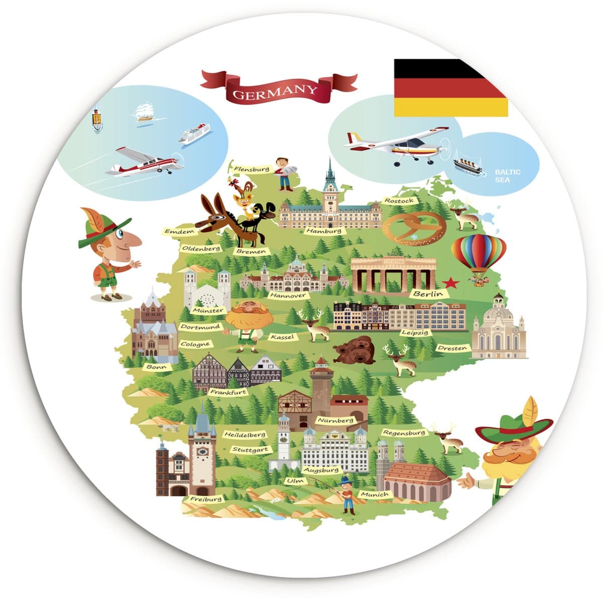 WallCircle® Wandcirkel 120x120 cm - Muurcirkel Geïllustreerde kaart van Duitsland - Muurdecoratie woonkamer - Wanddecoratie slaapkamer - Kamer decoratie accessoires - Ronde schilderijen XXL