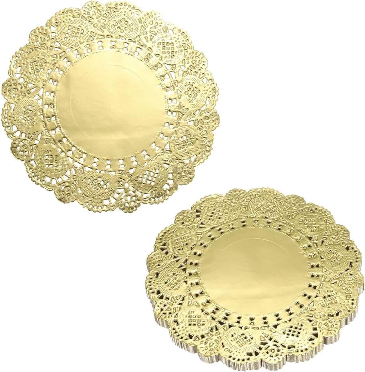 200 stuks kanten papieren kleedjes, 14 cm, goud, rond, wegwerpdecoratiepapier, placemats, holle bloemen, zuigend papier voor cake, desserts, levensmiddeldecoratie, bruiloft, verjaardag