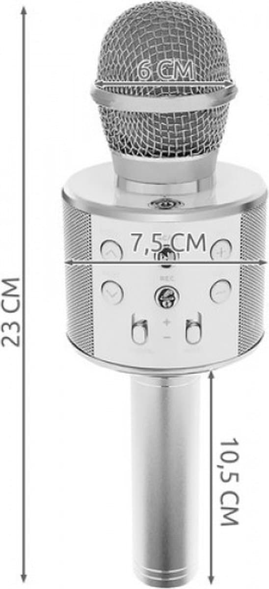 Karaoke Microfoon met Bluetooth versie 4.0, bas, sopraan, echo-telefoonconnectiviteit - Android / IOS-ingang, AUX, MicroSD, Draadloos, Kado Tip, Zang- en muziekplezier, Voor de gezelligste feestjes, Zilver, Muziekland- Verjaardagscadeautje