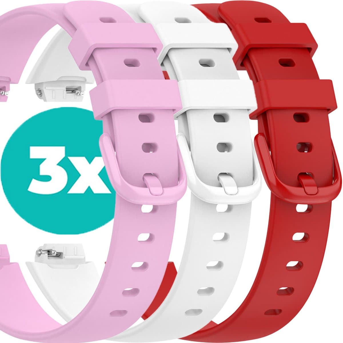 Siliconen bandje geschikt voor Fitbit Inspire 3 - Bundel sport bandjes geschikt voor Fitbit Inspire 3 – Gesp sluiting – roze – wit – rood – Set van 3 bandjes - maat S