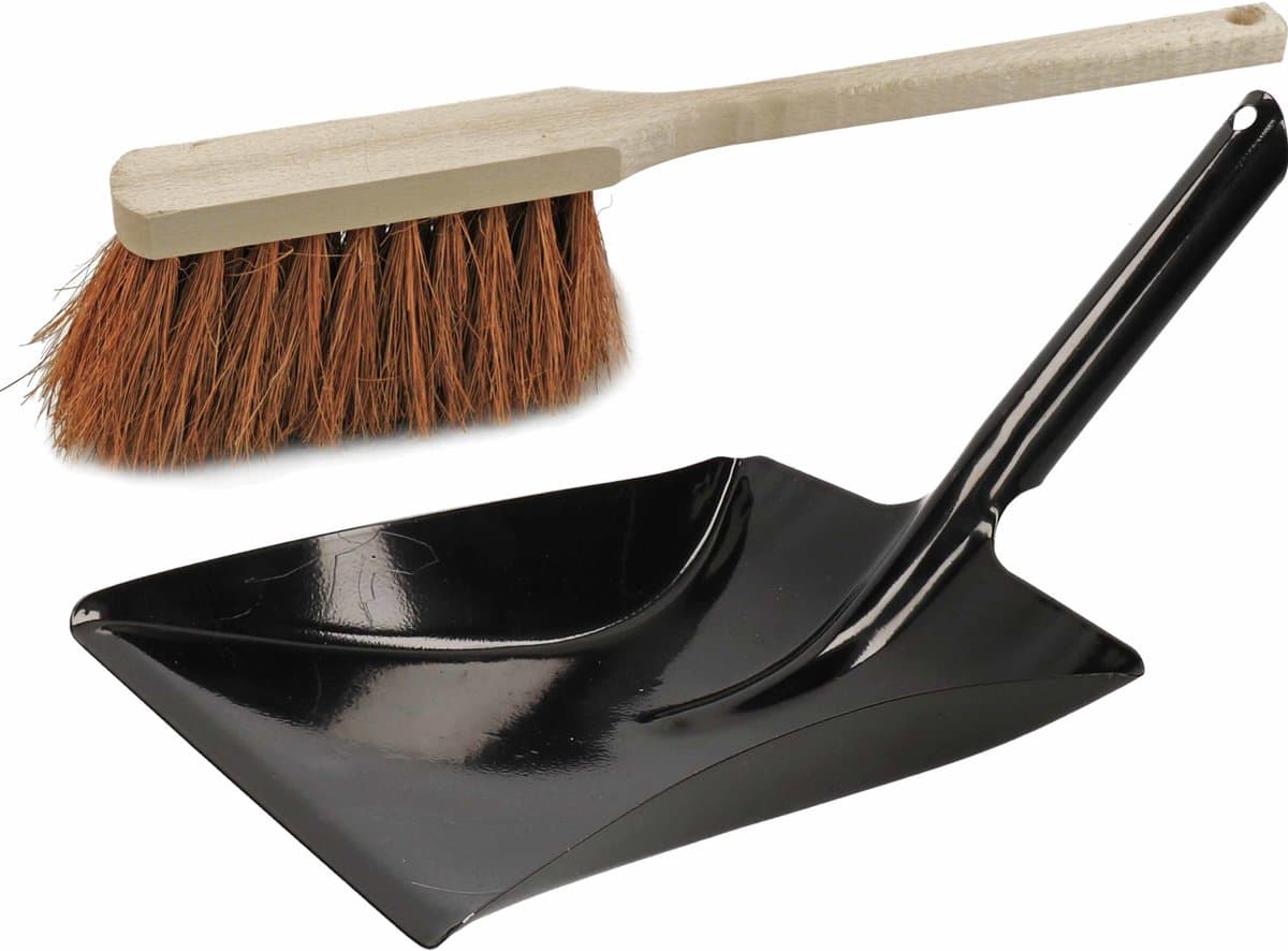 Sorex Stoffer en blik set - voor buiten - zwart metaal - en kokosvezel - met lange steel 45 cm