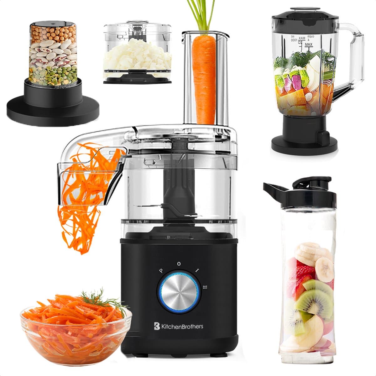 KitchenBrothers Foodprocessor - 5 in 1 Multifunctioneel Model - Hakmolen - Groentesnijder - 0,5L - Keukenmachine - Uiensnijder - BPA Vrij - Zwart