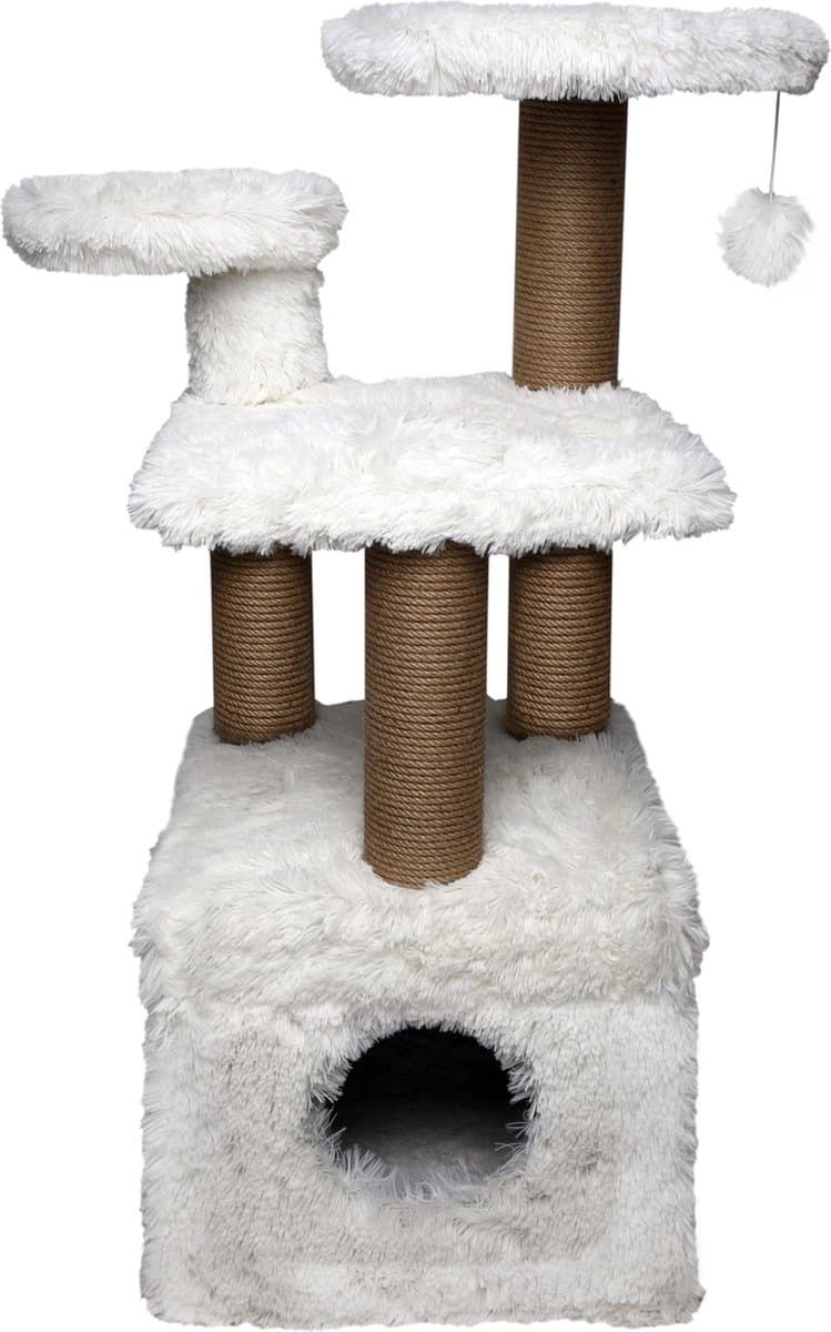 Topmast Krabpaal Fluffy Isola - Wit - 52 x 67 x 100 cm - Made in EU - Krabpaal voor Katten - Met Kattenhuis - Sterk Sisal Touw