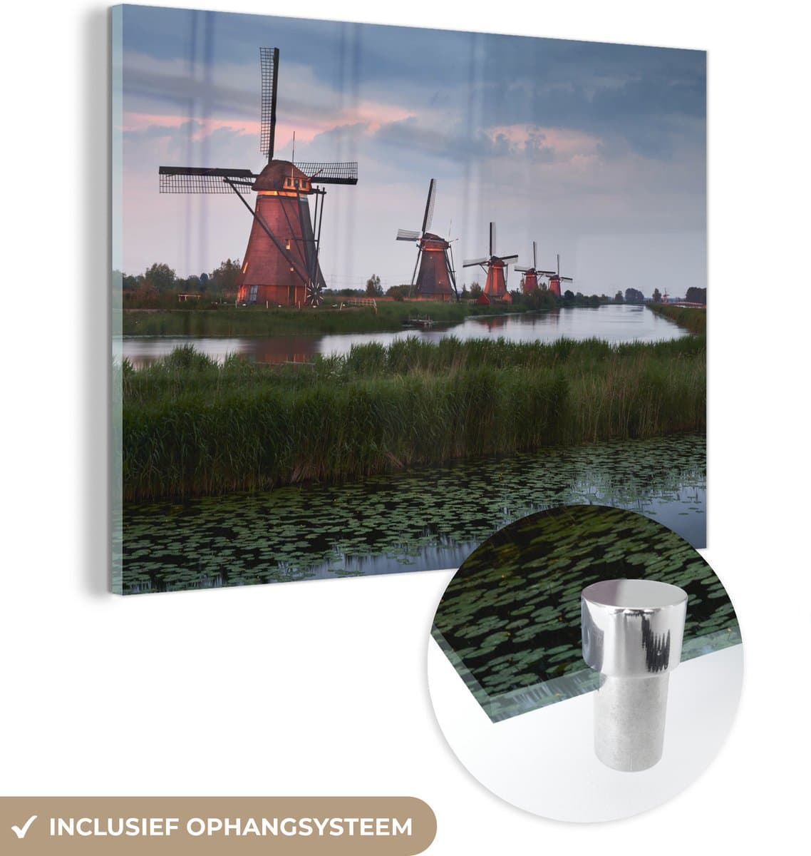 ® Glasschilderij 80x60 cm - Schilderij acrylglas - Rij molens langs kanaal in Kinderdijk - Foto op glas - Muurdecoratie woonkamer - Wanddecoratie slaapkamer - Schilderijen