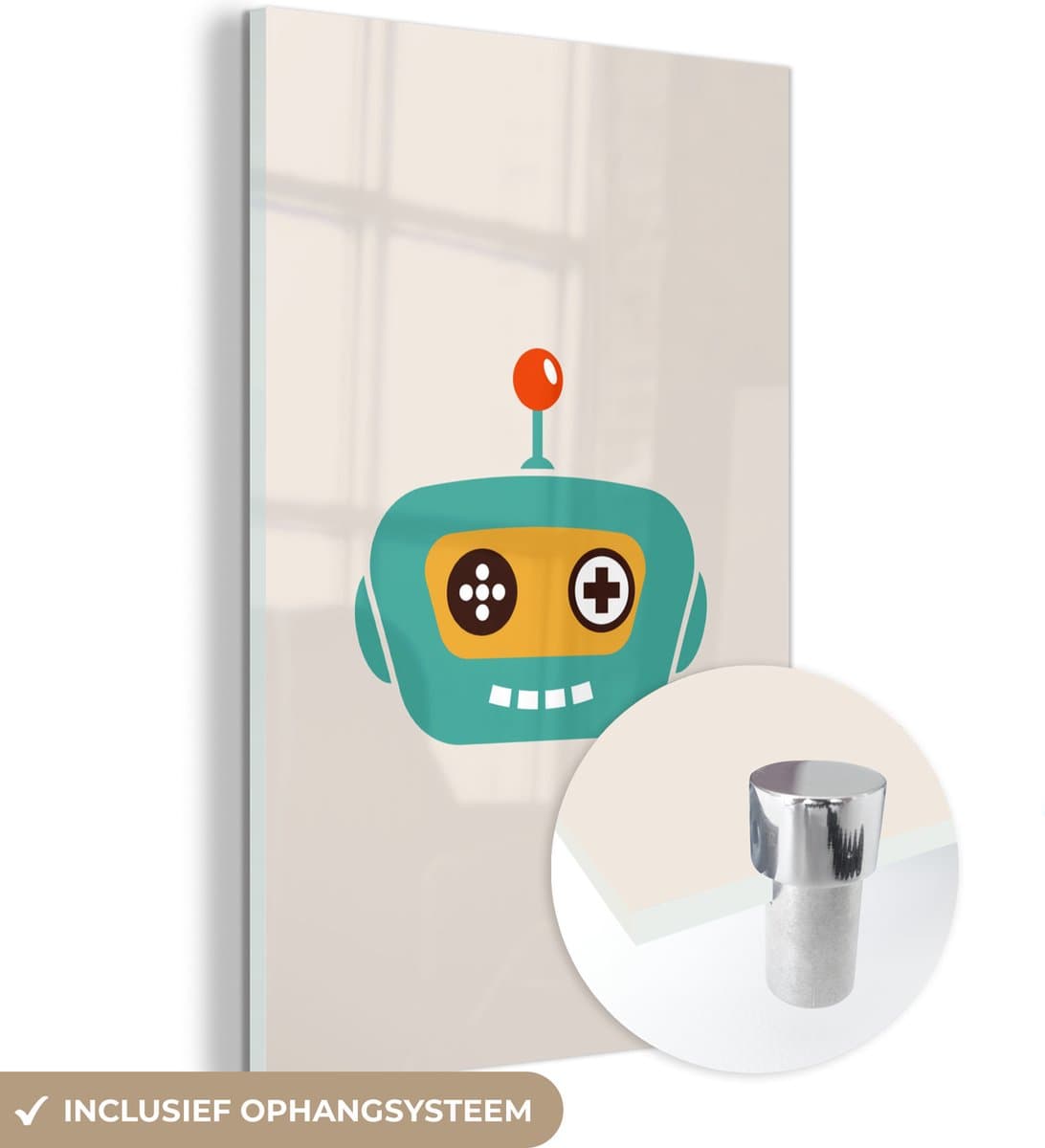 MuchoWow® Glasschilderij 40x60 cm - Schilderij acrylglas - Robot - Gezicht - Antenne - Technologie - Jongen - Kind - Foto op glas - Schilderijen