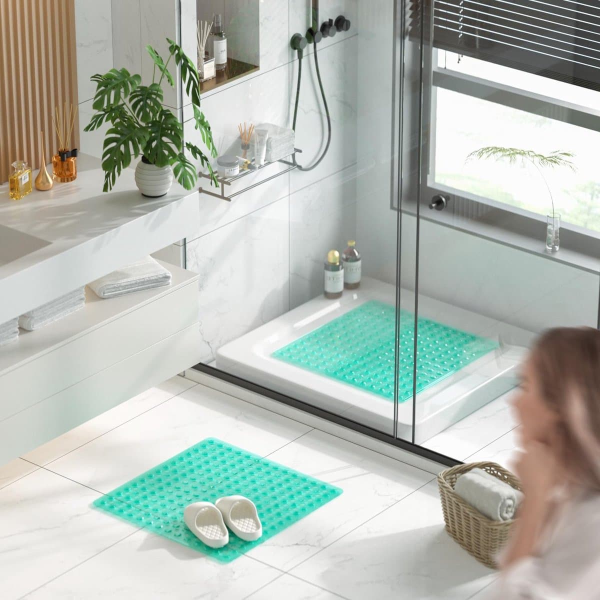 Badmat - 53 x 53 cm (Vierkant) - Polyvinylchloride (PVC) - Antislip - tegen schimmel - met zuignappen en afvoergaatjes - Kleur : groen