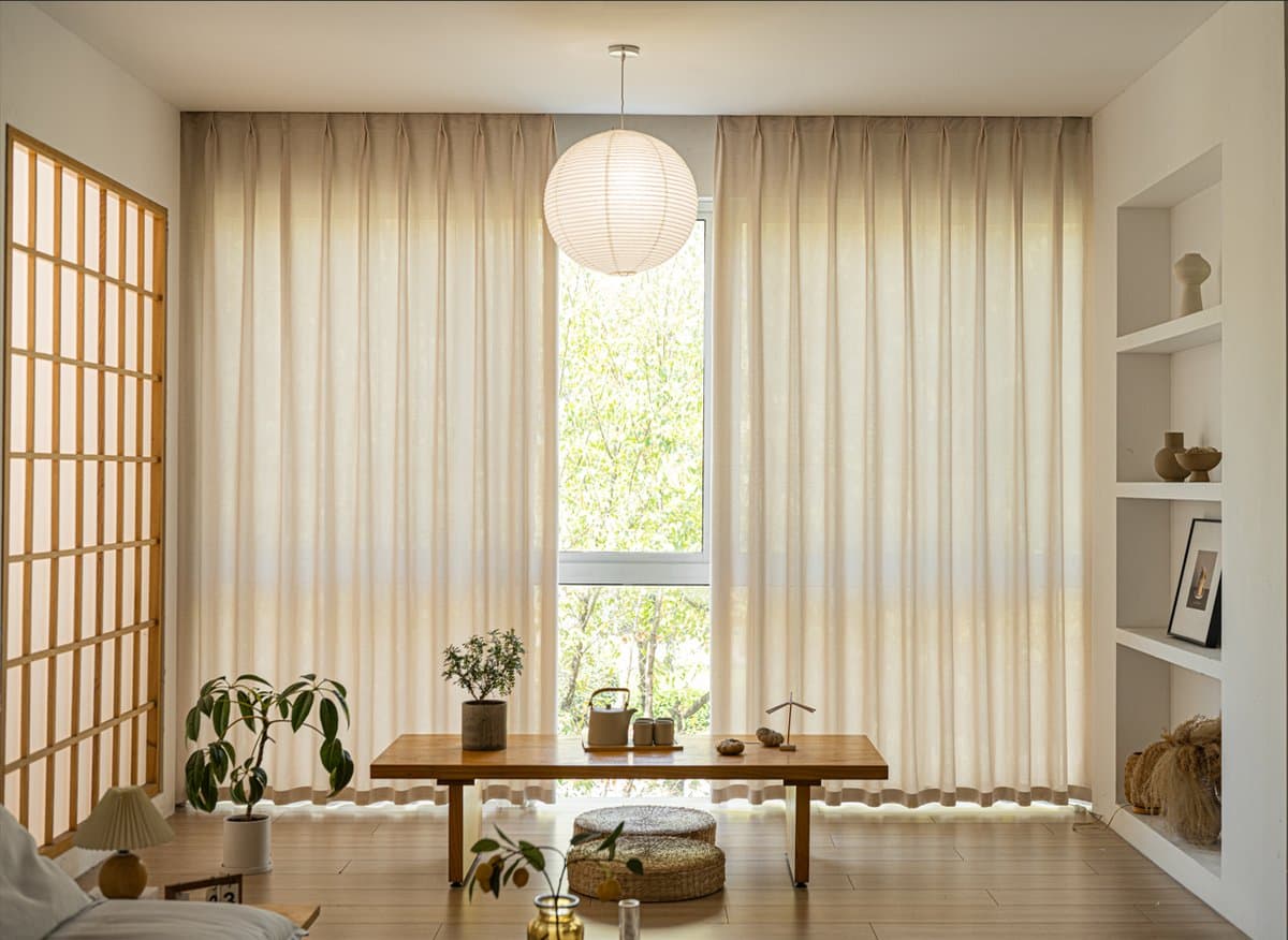 Floraweg Semi-transparante gordijnen van poly-linnen met textuur, effen gordijnen met zeilringen voor openslaande deuren, beige,Met haakjes ringen,140x220cm