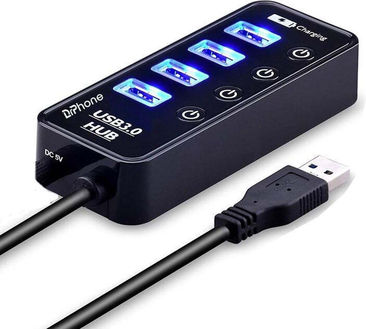 DrPhone Xtreme4 – USB 3.0 Hub met 4 Poorten + Power USB 2.4A – 5Gbps Snelheid – Met Aan/Uit Schakelaars & DC 5V Ingang – Voor PC, Laptop & Computer – Zwart