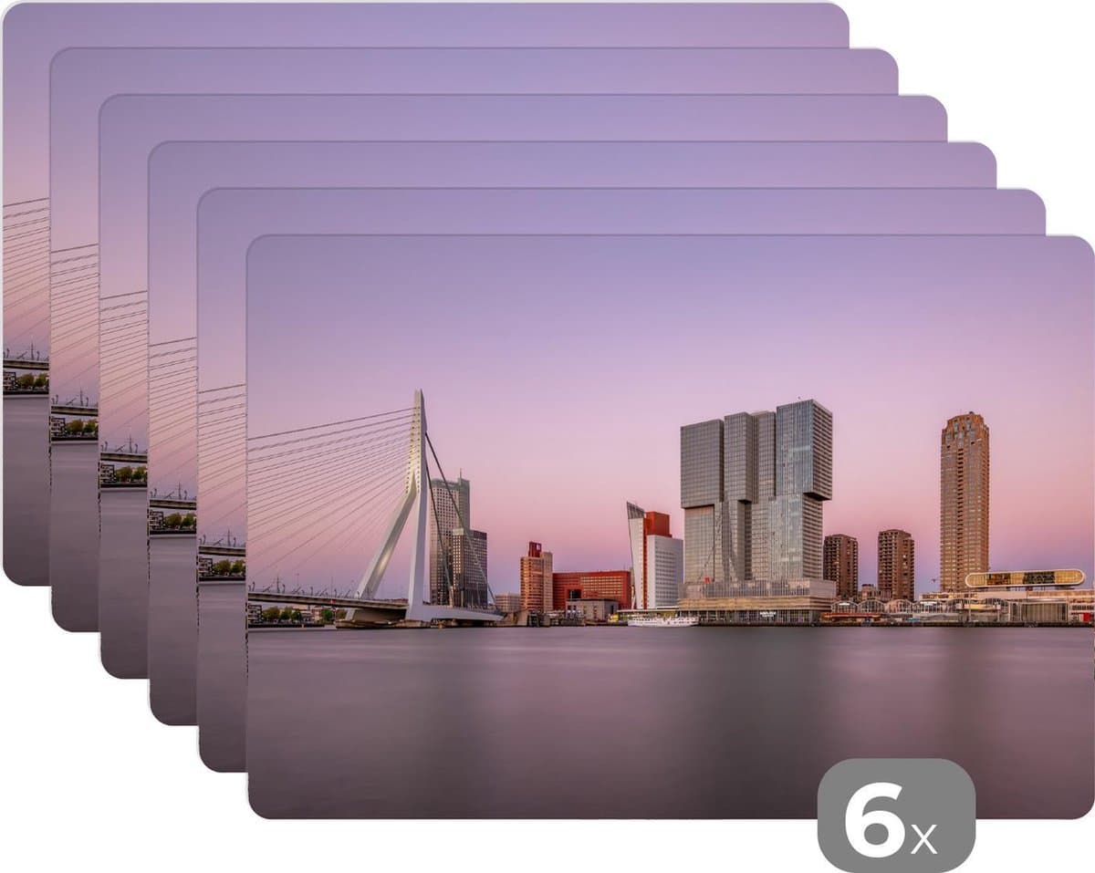 Placemat - Placemats kunststof - Rotterdam - Erasmus - Brug - 45x30 cm - 6 stuks - Hittebestendig - Anti-Slip - Onderlegger - Afneembaar