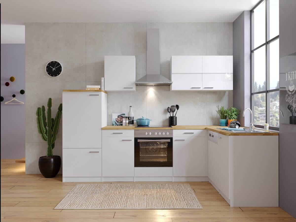 Hoekkeuken 280  cm - complete keuken met apparatuur Malia  - Wit/Wit - soft close - keramische kookplaat - vaatwasser - afzuigkap - oven    - spoelbak