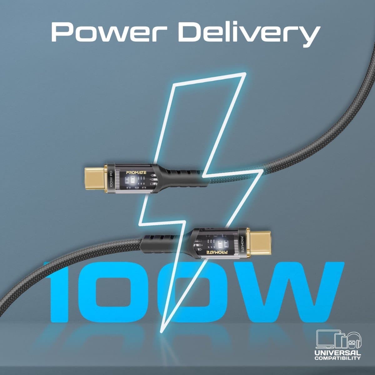 ProMate® USB-C naar USB-C Kabel, Snel Opladen 100W Power Delivery Type-C Kabel met Transparante Uiteinden, LED, 25000+ Lange Buiglevensduur, 480Mbps Gegevenssynchronisatie en 120cm Nylon Gevlochten Snoer voor Smartphones, Laptops, Zwart.