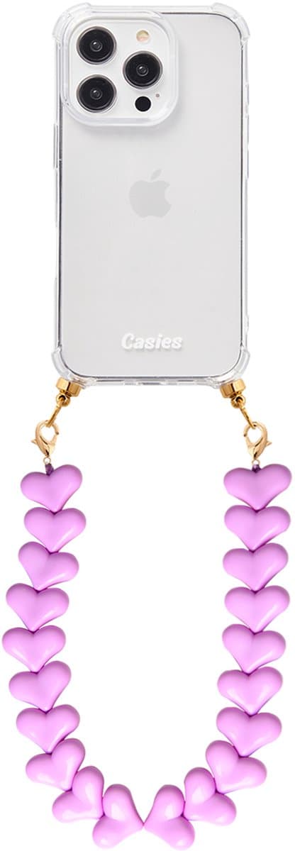 Casies hoesje geschikt voor Apple iPhone 15 Pro met paars harten koord - telefoonhoesje met chunky hartenkoord - Transparant - Cord case