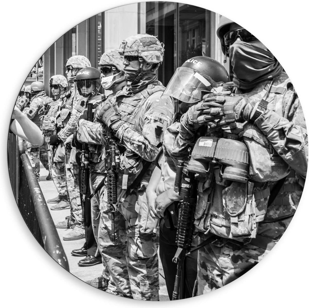 Dibond Wandcirkel - Zwart/Wit Leger - 80x80cm Foto op Aluminium Wandcirkel (met ophangsysteem)