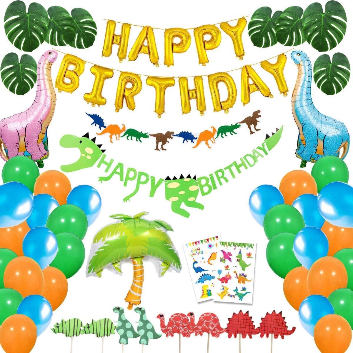 Daily Essentialz Dinosaurus Verjaardag Versiering - Jungle Versiering - Dino Versiering Verjaardag - Ballonnen - Ballonnenboog - Happy Birthday Slinger - Feest Versiering - Slingers - 72 stuks