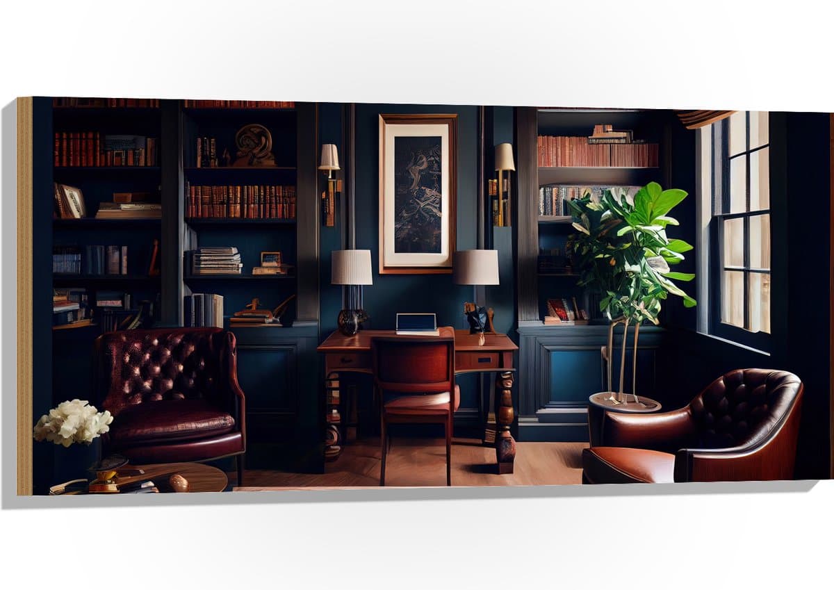 Hout - Kamer - Bruin - Stoelen - Plant - Boeken - Kantoortje - 100x50 cm - 9 mm dik - Foto op Hout (Met Ophangsysteem)