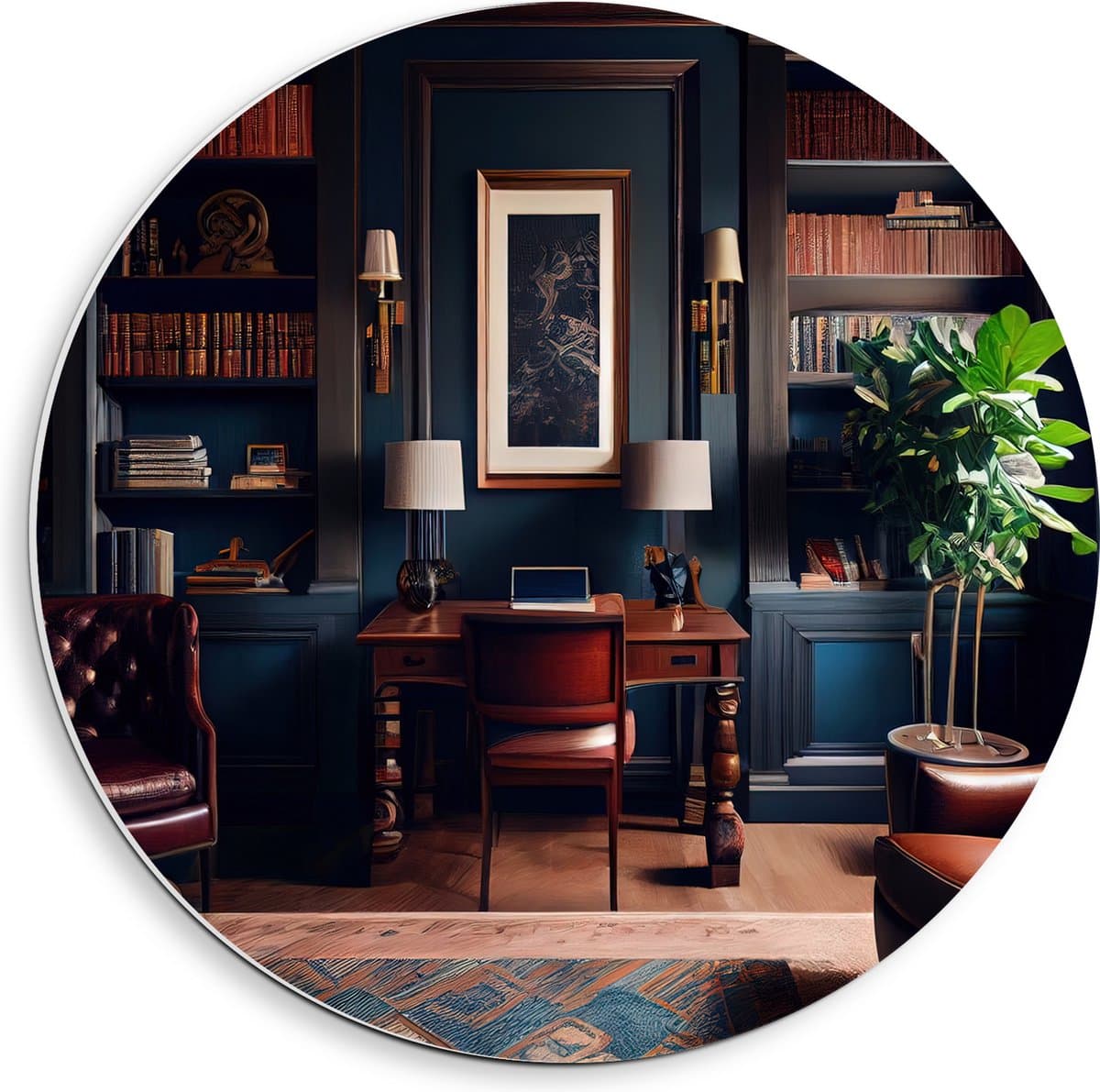PVC Schuimplaat Muurcirkel - Kamer - Bruin - Stoelen - Plant - Boeken - Kantoortje - 40x40 cm Foto op Muurcirkel (met ophangsysteem)