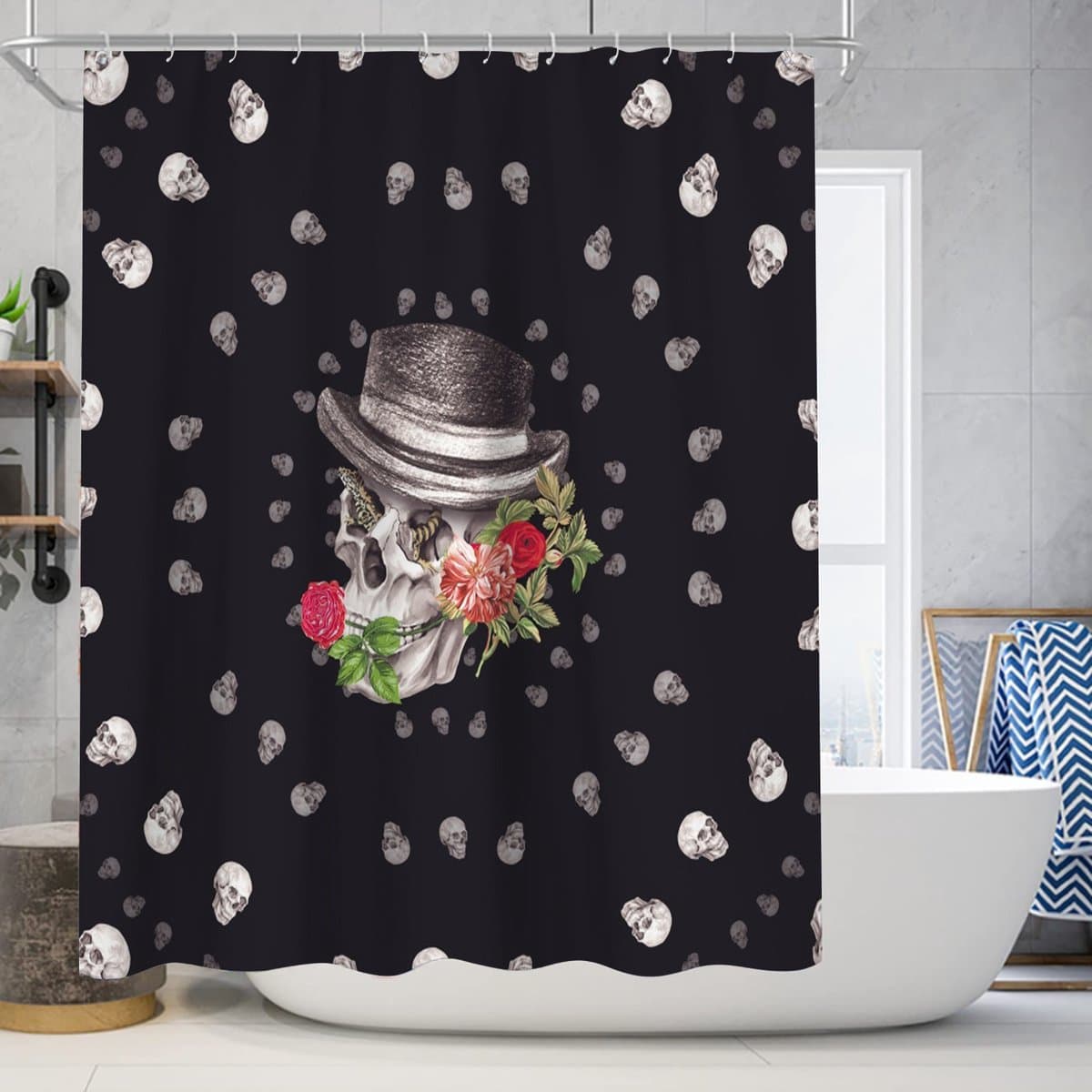 Floraweg Douchegordijn,Shower Curtain,badgordijn,badkamergordijn,Skelet en bloemen,-topkwaliteit - digitale printen -Anti Schimmel - Inclusief 12 ringen -met 12 stuks douchegordijnhaken – Waterdicht -Wasbaar- Polyester - 180x200 cm