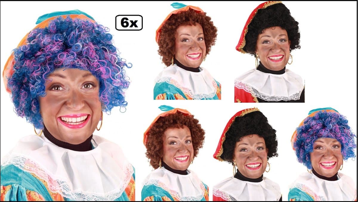 6x Mix Luxe Pieten pruik kroes bruin / krul zwart /regenboog - verstelbare kap en wasbaar - Sinterklaas feest thema feest Sint en Piet