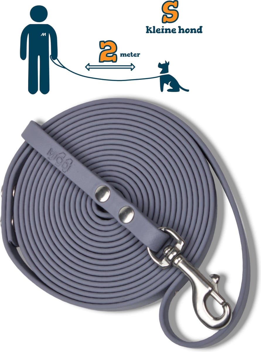 Miqdi hondenriem - BioThane – grijs – 2 meter lang – 9mm breed – XS/S – kleine hond