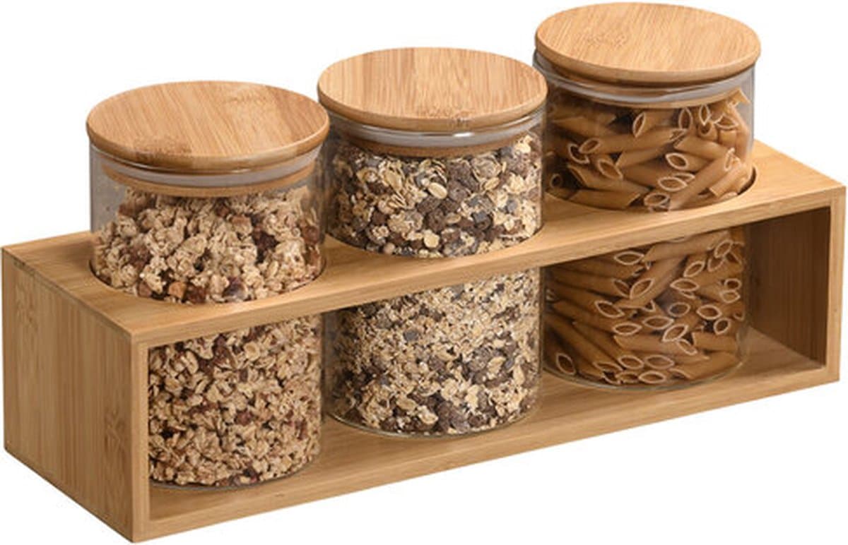 Voorraadpot 800ml, set van 3 in bamboe houder, Kesper 38060