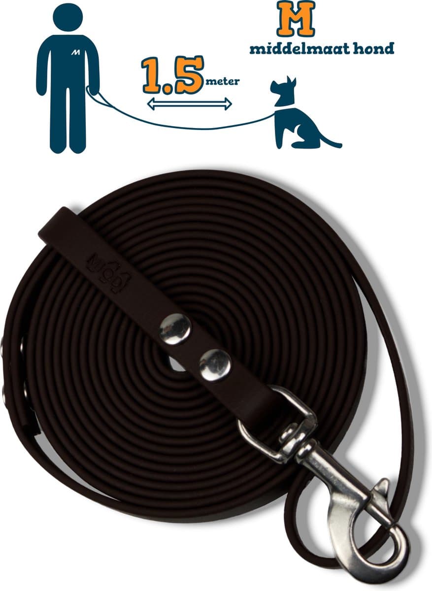 Miqdi hondenriem - BioThane® - bruin - 1.5 meter lang – 13mm breed – M – middelmaat hond