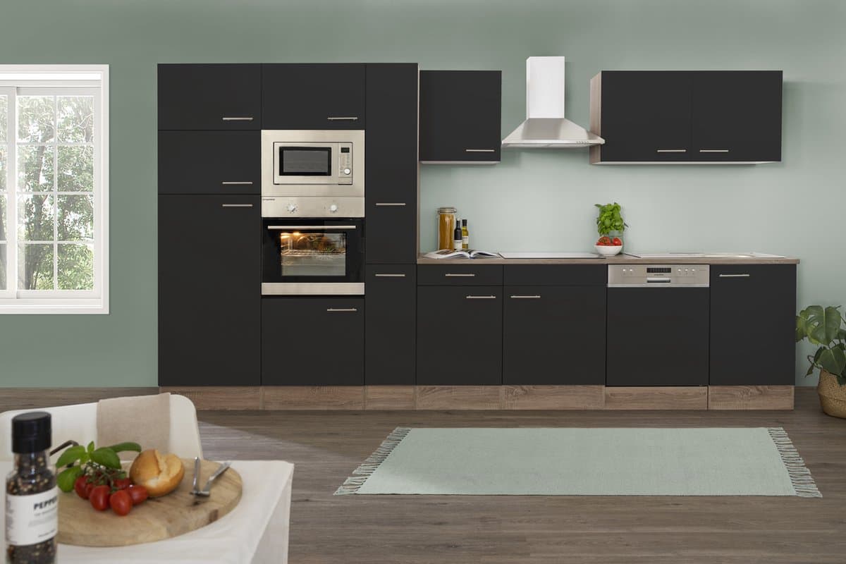 Goedkope keuken 370  cm - complete keuken met apparatuur Oliver  - Donker eiken/Zwart   - keramische kookplaat - vaatwasser - afzuigkap - oven - magnetron  - spoelbak