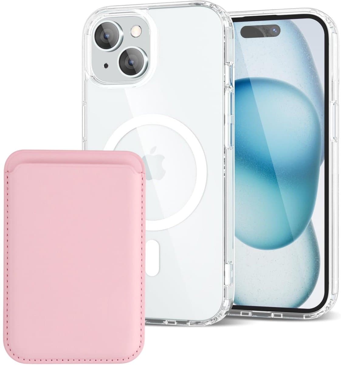 Shockproof Anti Shock Back Cover Hoesje Compatibel met MagSafe Geschikt voor: Apple iPhone 15 met Magnetische Pasjeshouder - Lichtroze