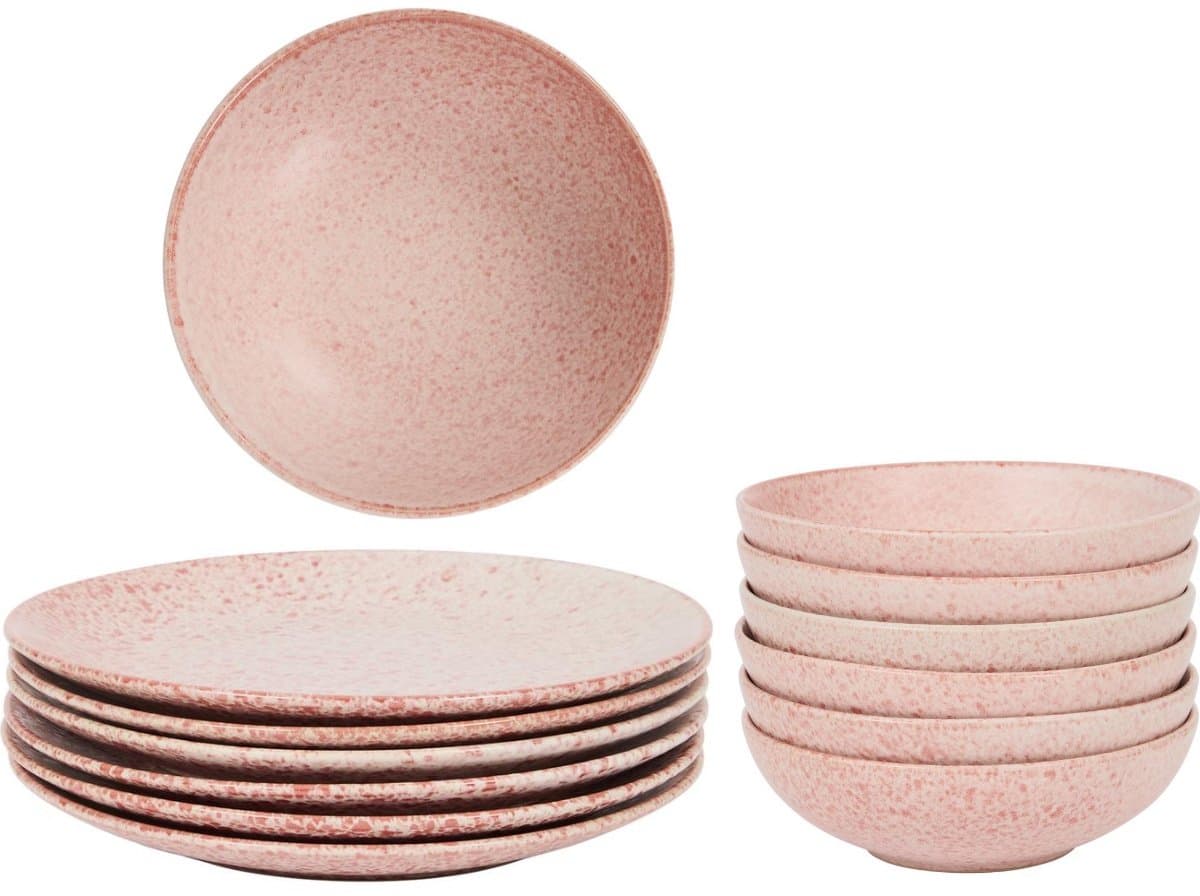 Fameilleur bordenset- 18-delige roze-Borden set voor 6 Personen-Steengoed Serviesset-in Zacht roze – Vaatwasser- & Magnetronbestendig-servies- bord- servies set-18-delige Bordenset Steengoed roze Moderne Diepe Borden, Ontbijtborden & Dinerborden