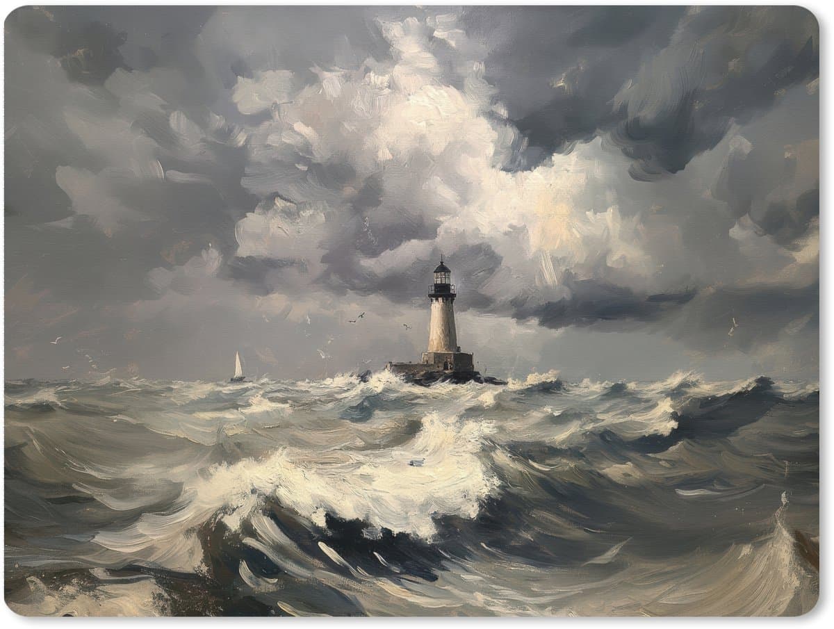 Muismat XXL 80x60 cm - Bureau onderlegger - Bureau mat Vuurtoren - Golven - Storm - Bureaumat - Gaming mousepad xl - Bureaulegger groot - Computer deskmat