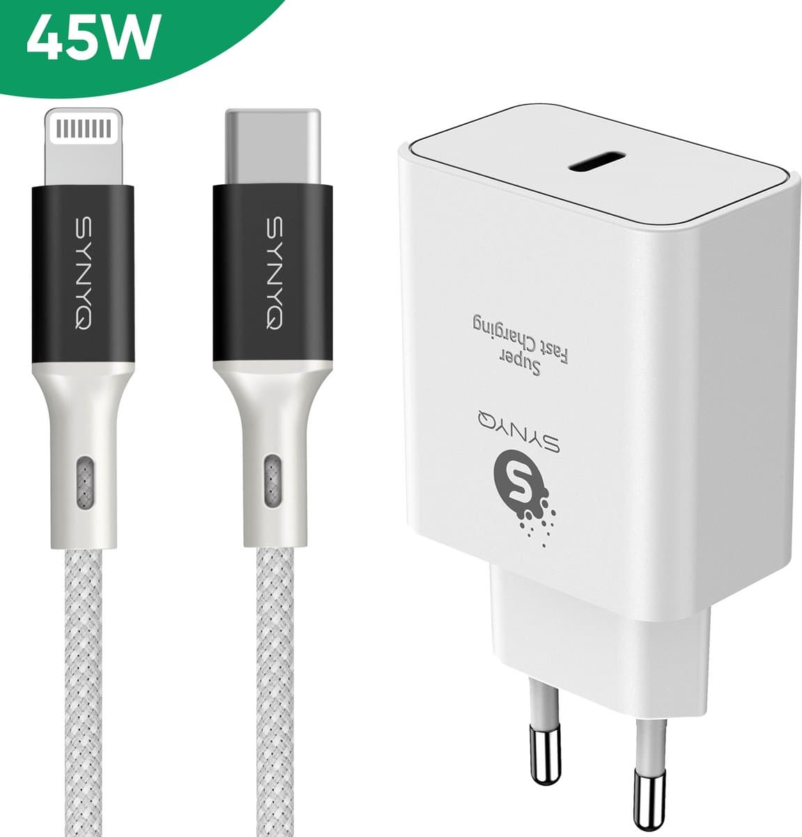 Synyq 45W GaN2 Snellader - 1m oplaadkabel - Lader geschikt voor Iphone - Geschikt voor iphone 14/13/12/11/X - 1 meter