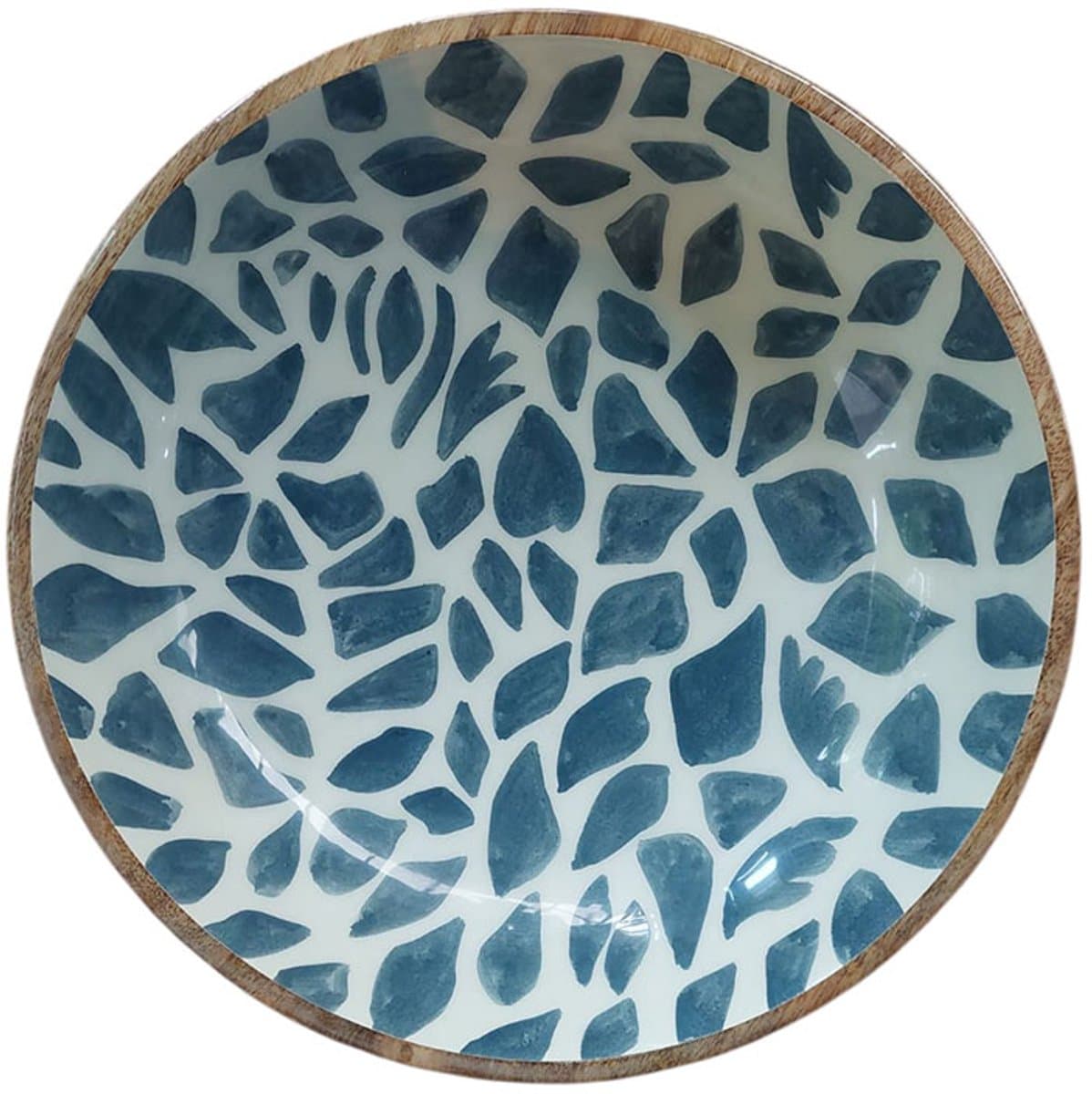 Floz Design houten schaal met print - binnenzijde als keramiek - blauw en wit - 30 cm - fairtrade uit India