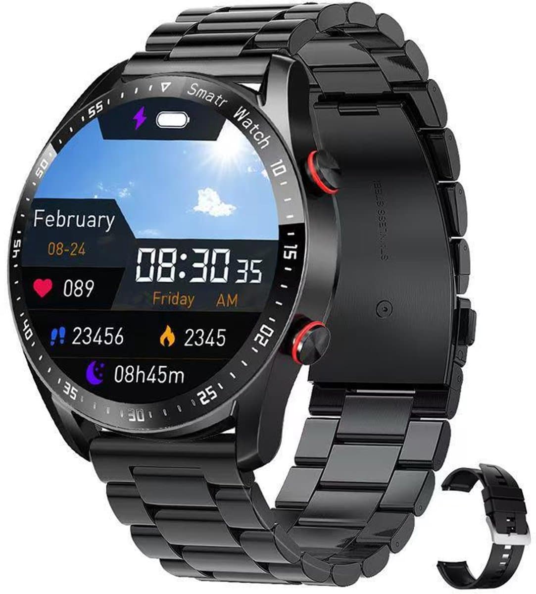 Knobbout Slimme Smartwatch met 1,28 inch Touchscreen- PPG als ECG hartslag- en hartfilamentmeting - ECG + PPG dubbele hartmonitor voor nauwkeurige gezondheidsbewaking - Bluetooth bellen en contacten synchronisatie - zwart staal+siliconen horlogeband