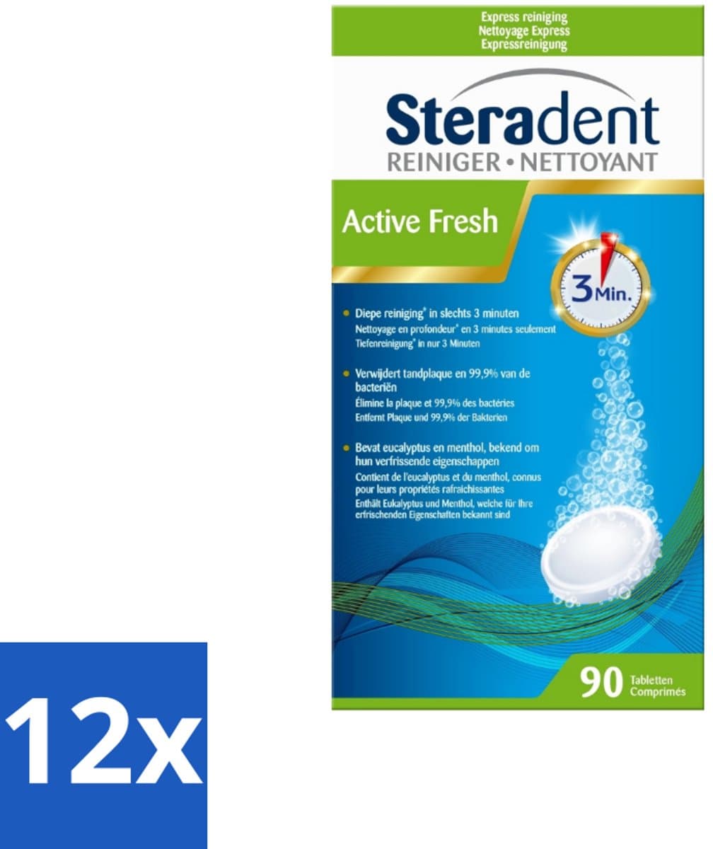 Steradent - Kunstgebitreiniger - Active Fresh - Menthol En Eucalyptus - 90 Tabletten - Voordeelverpakking - 12 stuks