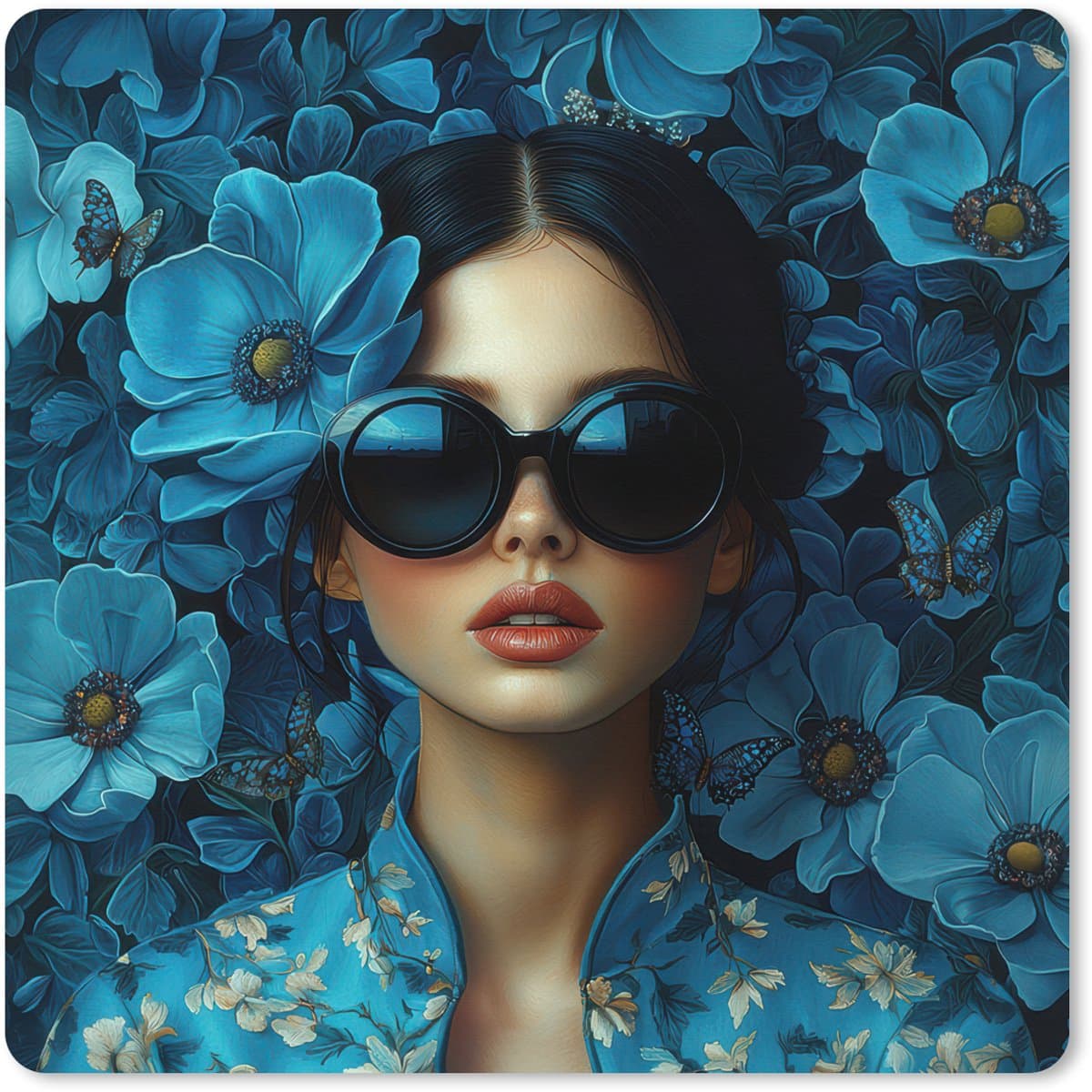 Muismat XXL 80x80 cm - Bureau onderlegger - Bureau mat Vrouw - Bloemen - Blauw - Aesthetic - Luxe - Bureaumat - Gaming mousepad xl - Bureaulegger groot - Computer deskmat