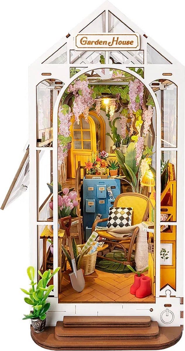 Robotime Rolife tuinhuisje boekenhoekje DIY 3D-puzzelspeelgoed 11 x 20,3 x 24,1 cm - 1 stuk,Wooninrichting, boekenkastdecoratie,Handgemaakte cadeaus voor volwassenen en tieners,Onderwijs speelgoed