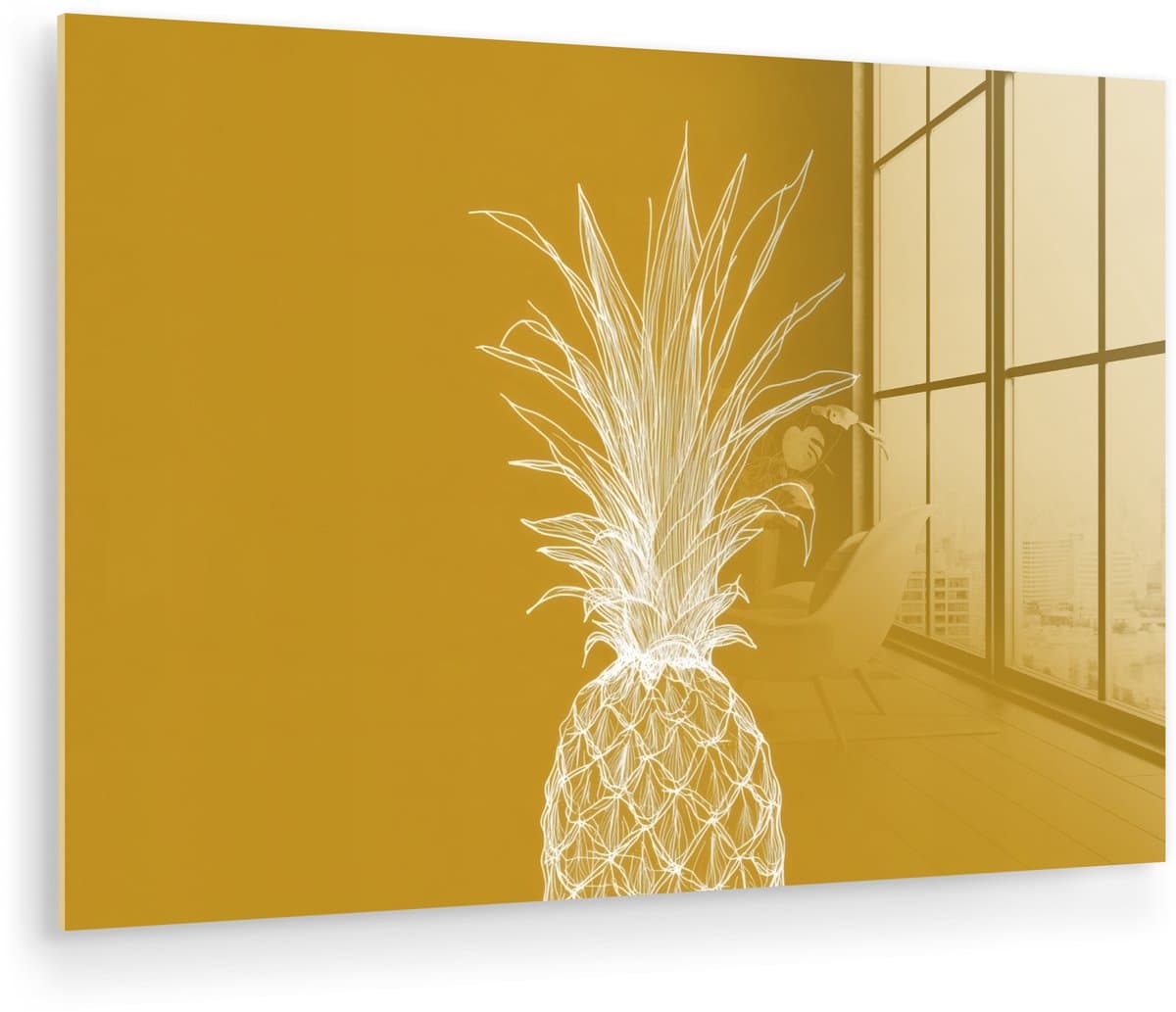 MuchoWow® Glasschilderij 120x80 cm - Schilderij acrylglas - Lijnillustratie - Ananas - Bladkroon - Okergeel - Foto op glas - Muurdecoratie woonkamer - Wanddecoratie slaapkamer - Schilderijen