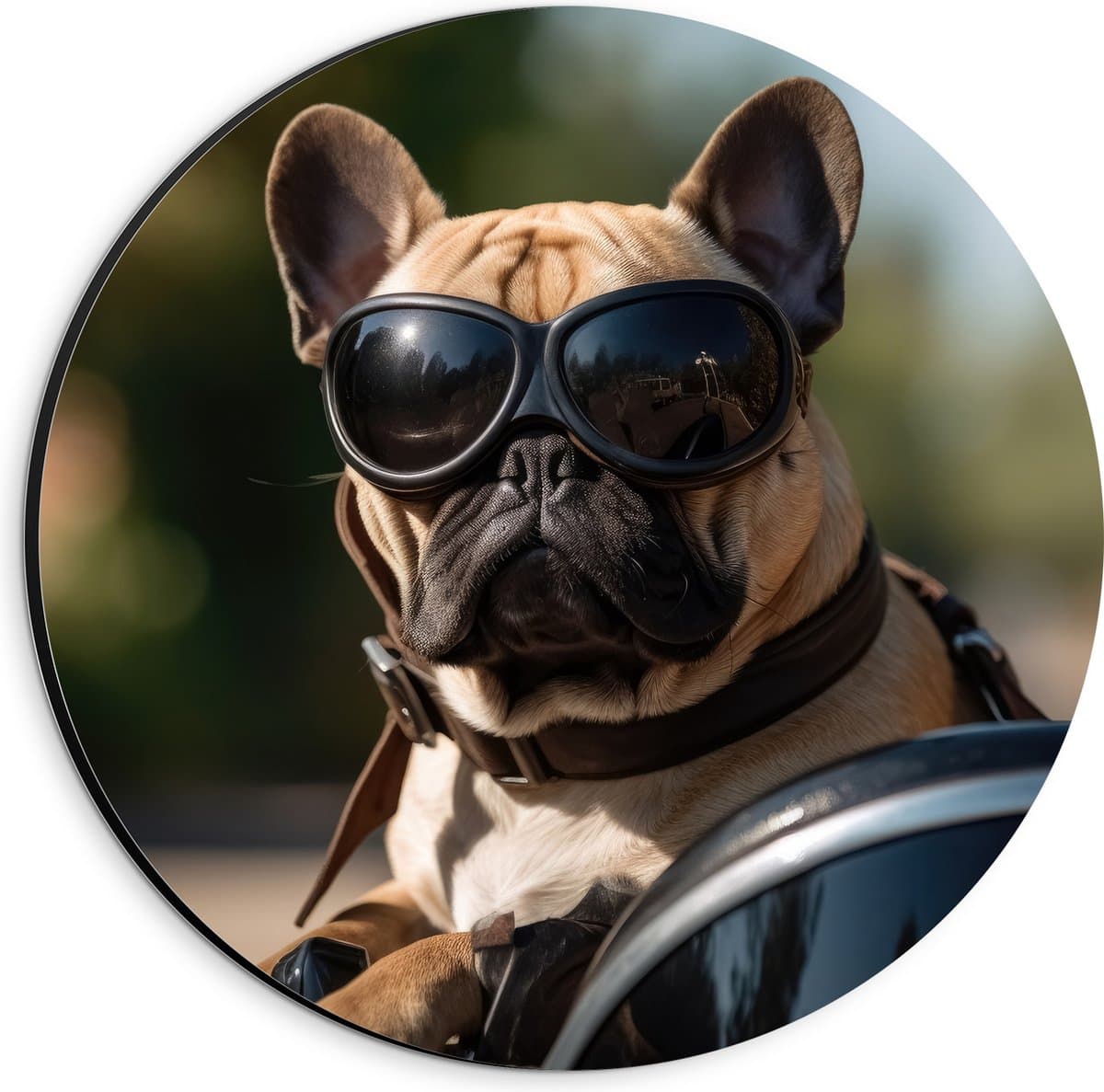 Dibond Muurcirkel - Bulldog Hond met Zonnebril Rijdend op Motor - 20x20 cm Foto op Aluminium Muurcirkel (met ophangsysteem)