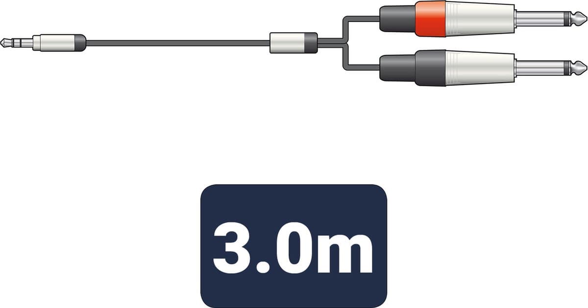 Audiokabel 3,5 mm stereo jackplug naar 2 x 6,3 mm mono jackpluggen 3 meter