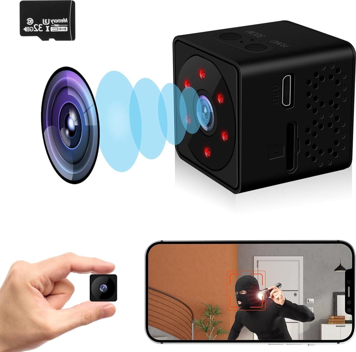 Spy Camera 4K UHD draadloze mini-spioncamera met micro-SD-kaart 32 GB-bewakingscamera wifi-binnen bewegingsmelder nachtzicht lange batterijduur