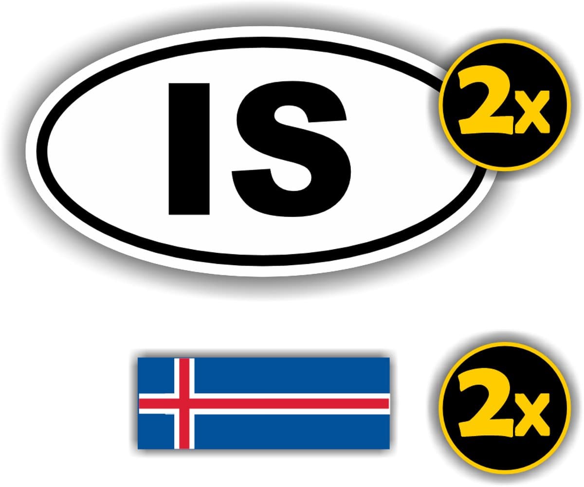 Jerma - IS - IJsland Vlag - Auto - Sticker - 2x ovaal 13x7 cm - 2st 7x2.5 cm - Vinyl - zelfklevend
