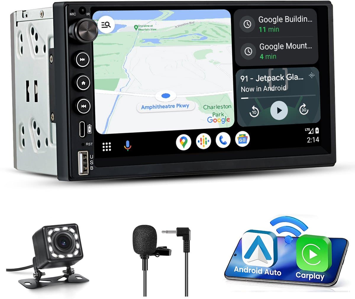 JUNSUN 7 inch 2DIN Autoradio met Draadloze Carplay & Android Auto - IPS Scherm (1024x600) + Achteruitrijcamera + Bedieningsknop + Installatieset + Microfoon + USB + FM Radio