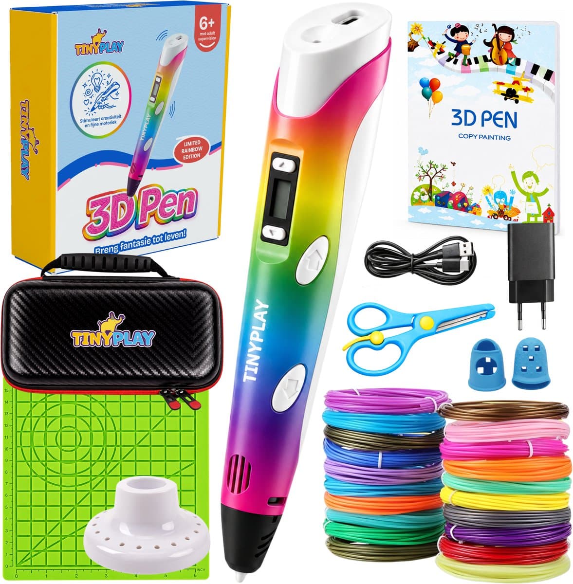 TinyPlay Rainbow 3D Pen Starterspakket XXL – 3D tekenen - 100m Vullingen PLA Filament 1.75 mm – 3d pennen tekenset - Voor kinderen - Sjablonen boek - Opbergcase en tekenmat