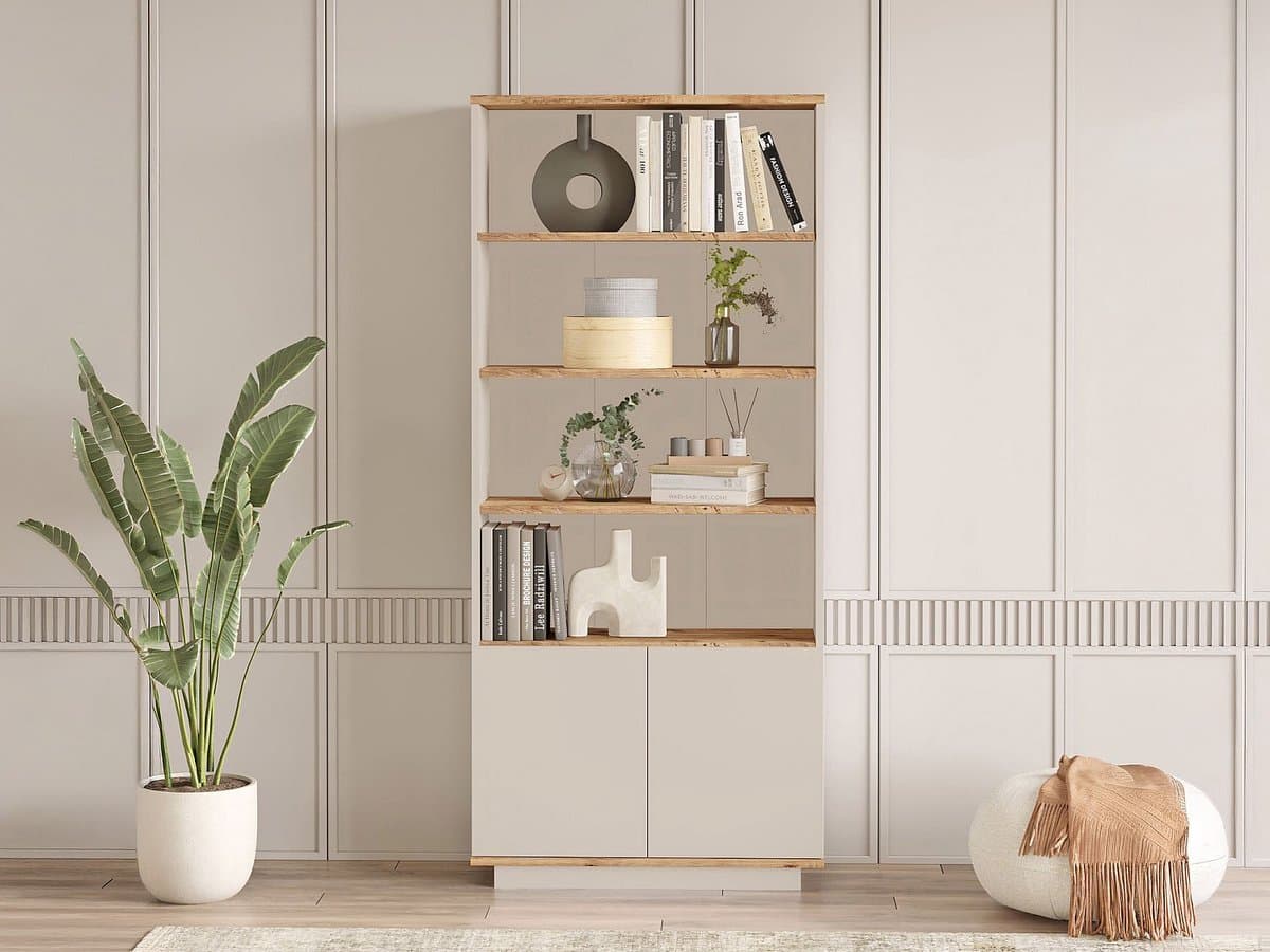 Vente-unique Boekenkast met 2 deuren en 4 vakken - Beige en naturel - LOTULA